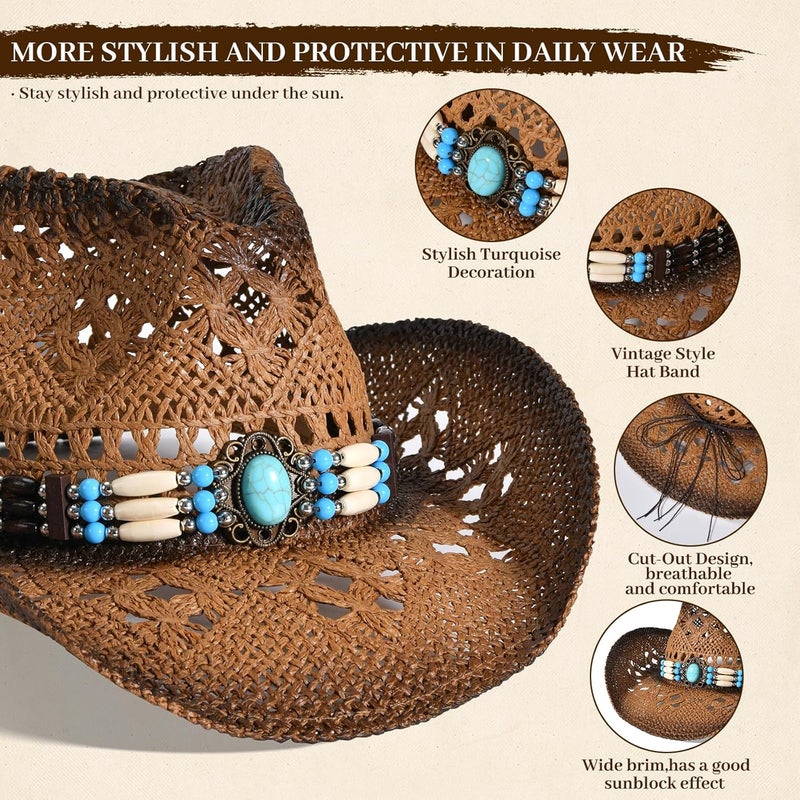 Willheoy Straw Cowboy Hat for Men Womens Straw Cowgirl Hat Summer Western Cowboy Hats with Wide Brim for Cowgirls and Cowboys - Image 2